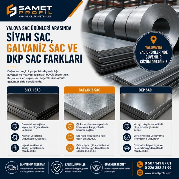 Yalova Sac Ürünleri Arasında Siyah Sac, Galvaniz Sac ve DKP Sac Farkları